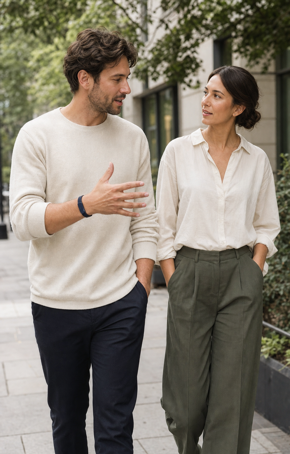 Two people talking while walking outdoors