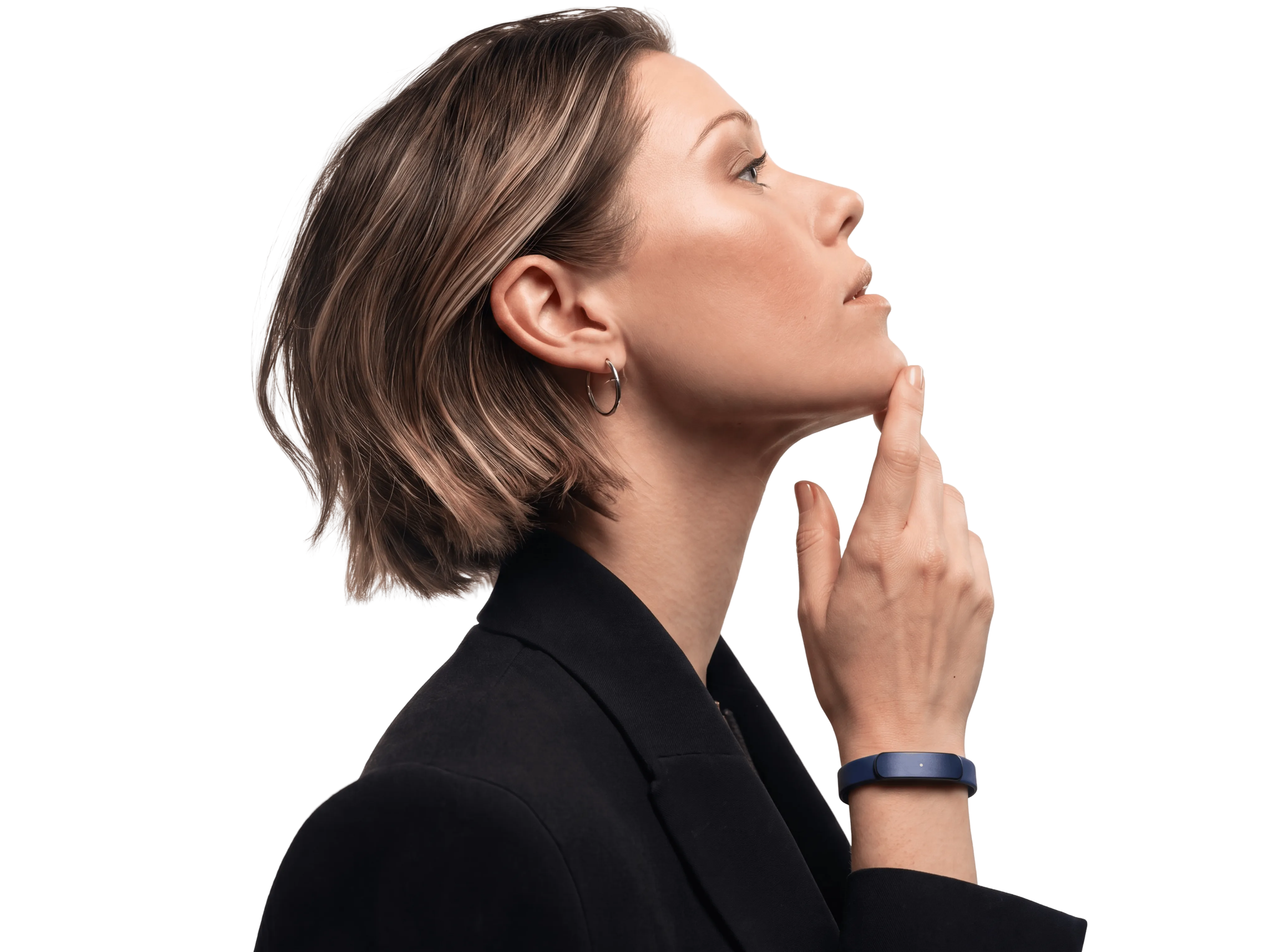 A person wearing the Larkin AI wristband during an everyday conversation