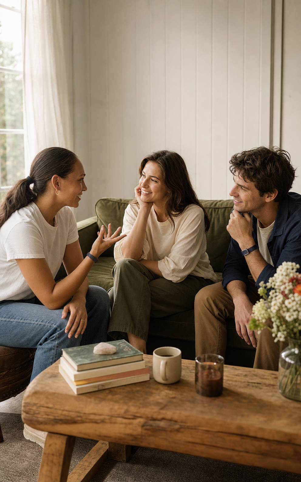 Friends laughing together while sharing a story