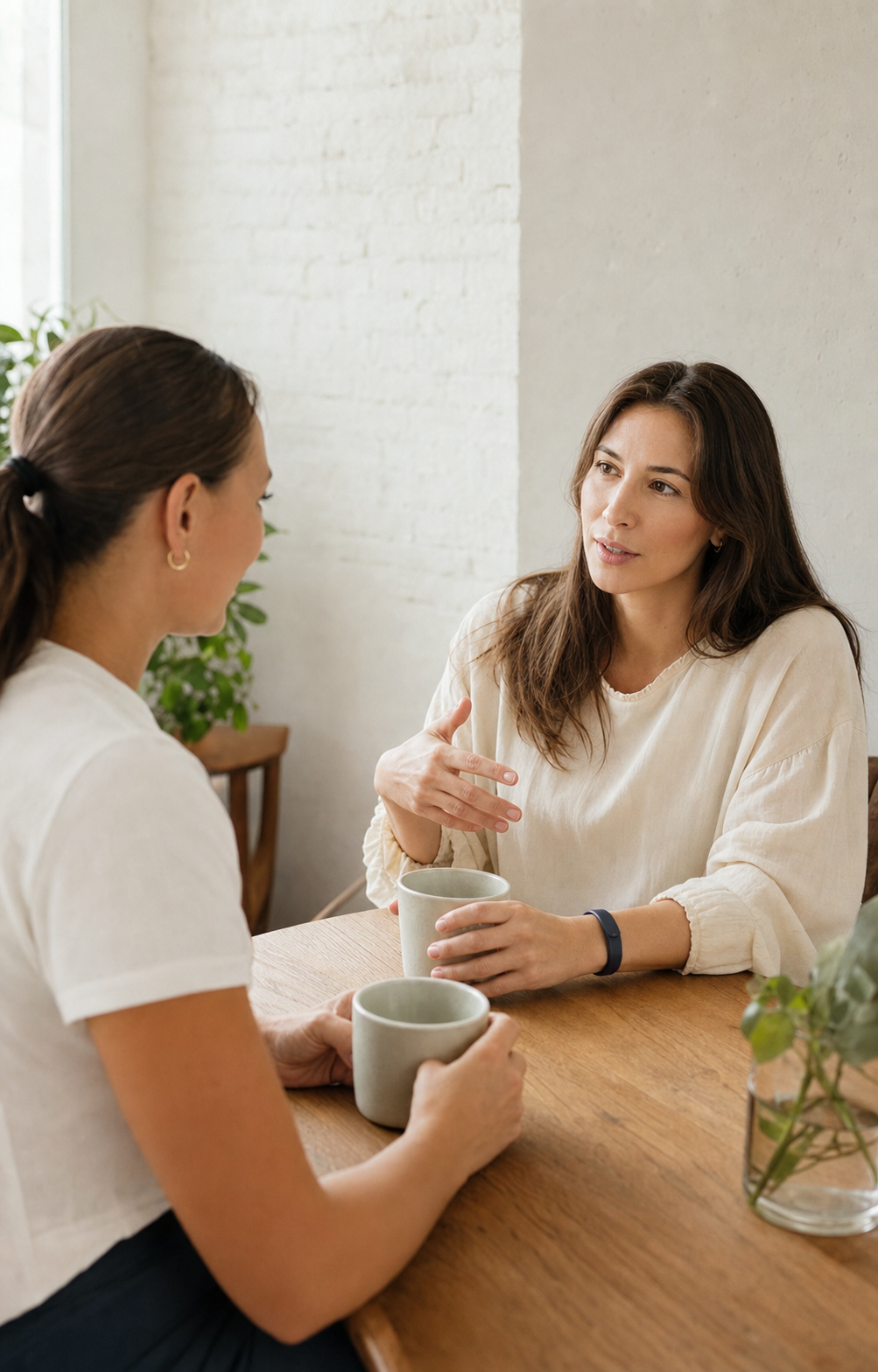 A conversation over coffee at a cafe table