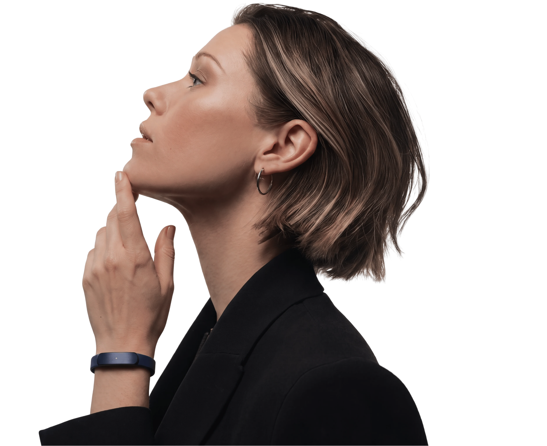 A woman in profile wearing the Larkin AI wristband