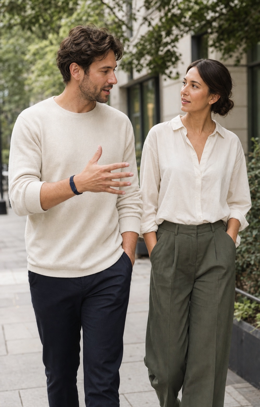 Two people in conversation on a walk